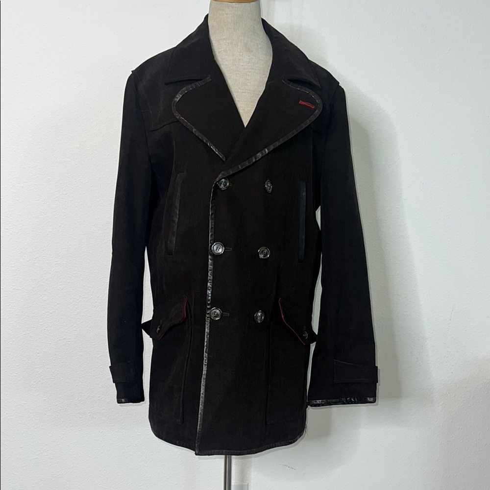 Operations New York Cotton Canvas Pea Coat with Leather Trim Made in New York